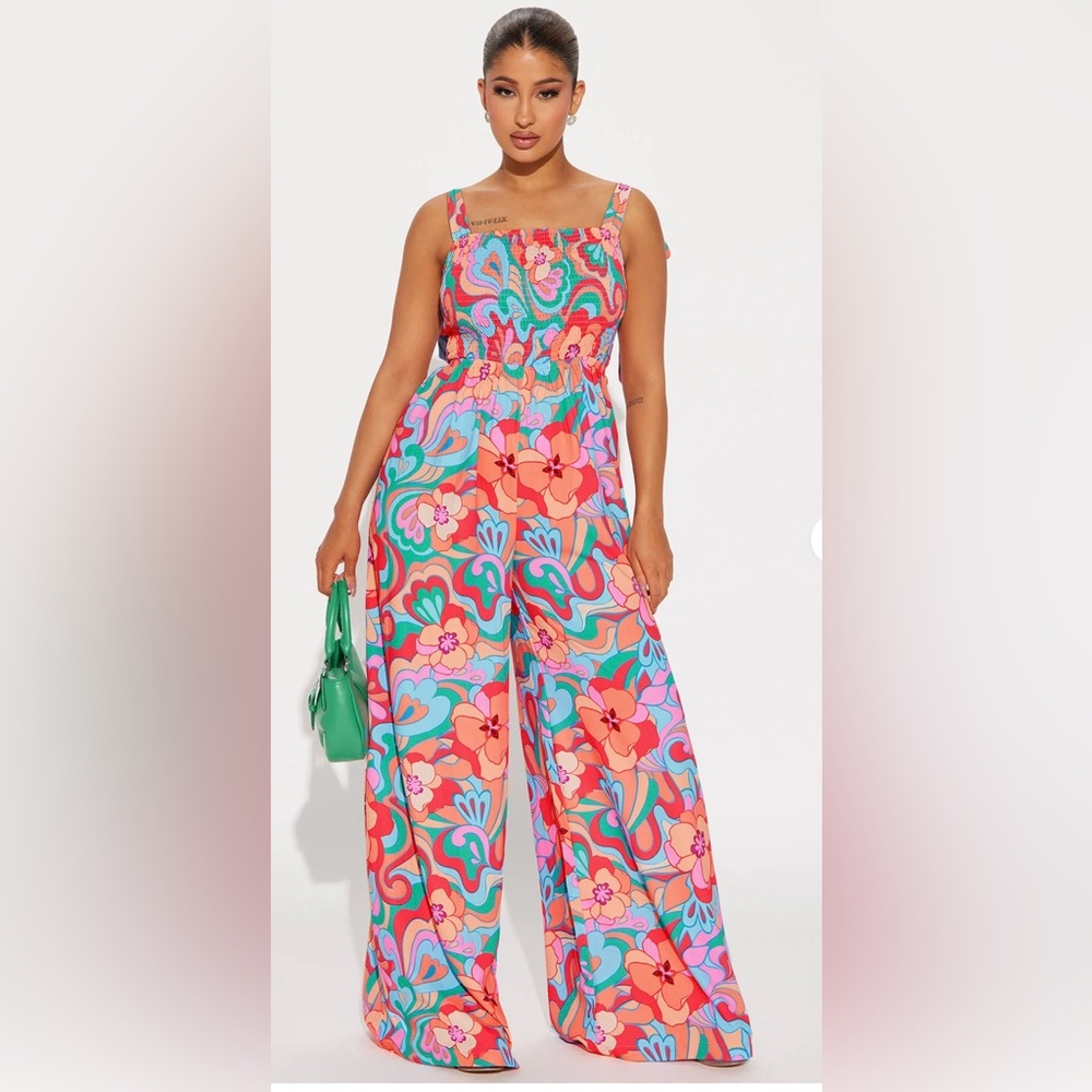Fashion Nova Red and Pink Jumpsuit with Flowing Palazzo Style